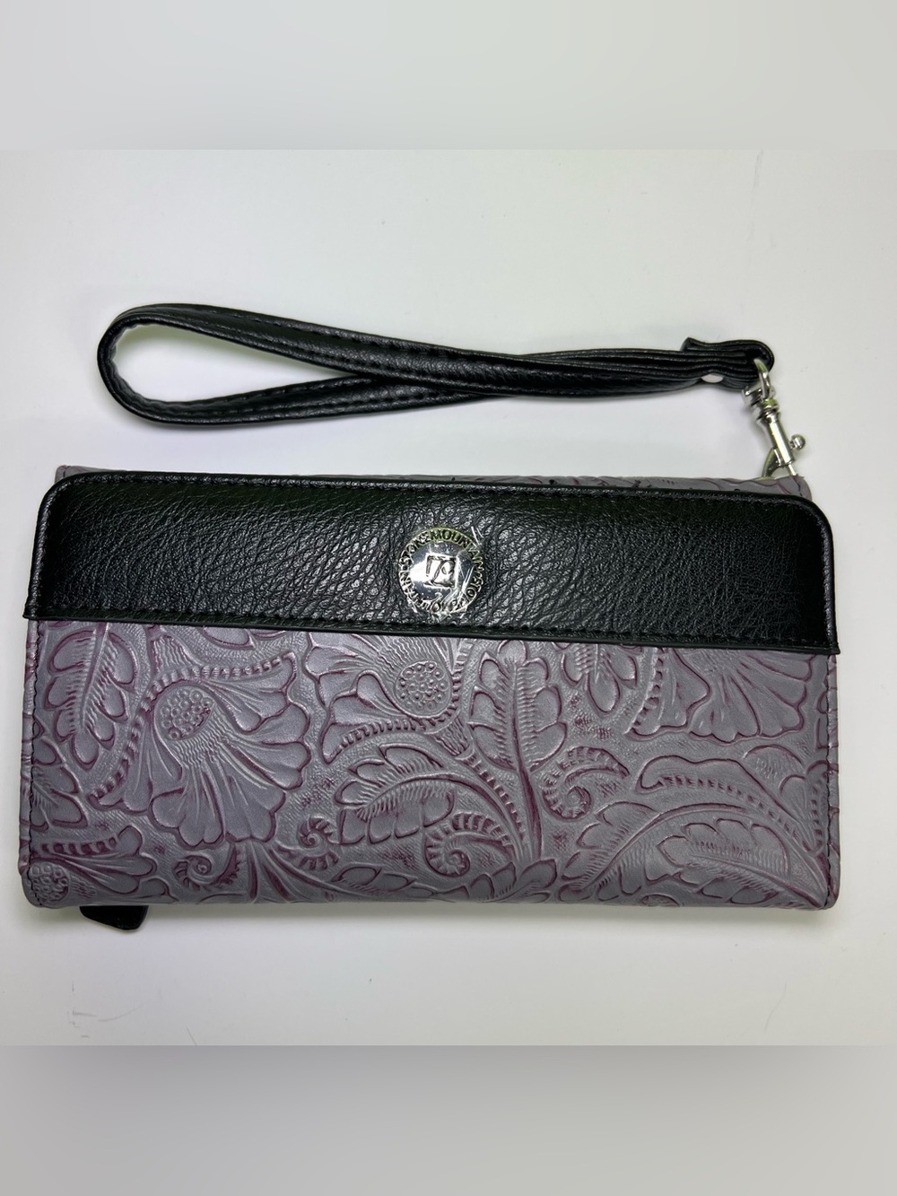 Stone Mountain Floral Embossed Wristlet Wallet Purple Gray Black RFID Organizer